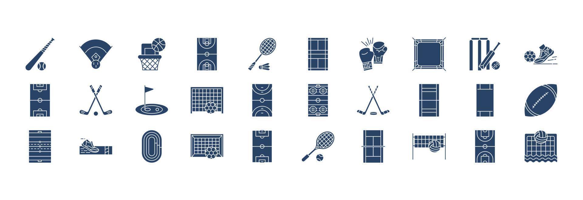 colección de íconos relacionados con estadios y juegos, incluidos íconos como el juego de béisbol, baloncesto, boxeo, cricket y más. ilustraciones vectoriales, conjunto perfecto de píxeles vector