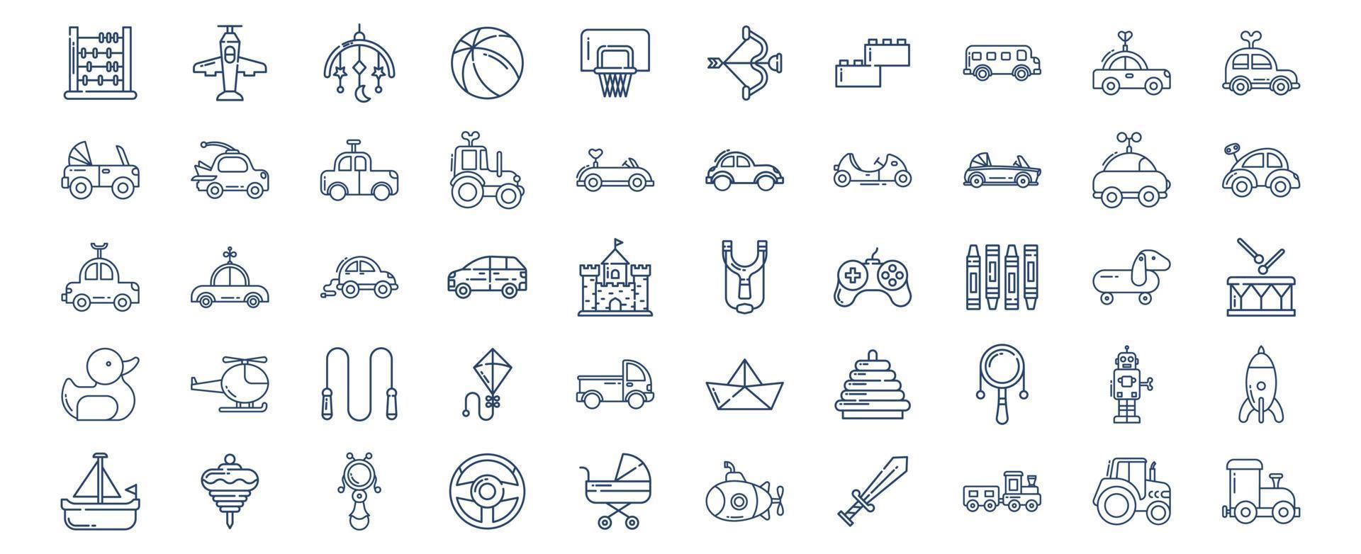 Collection of icons related to Toys, including icons like Abacus, Airplane, Ball, Basketball and more. vector illustrations, Pixel Perfect set