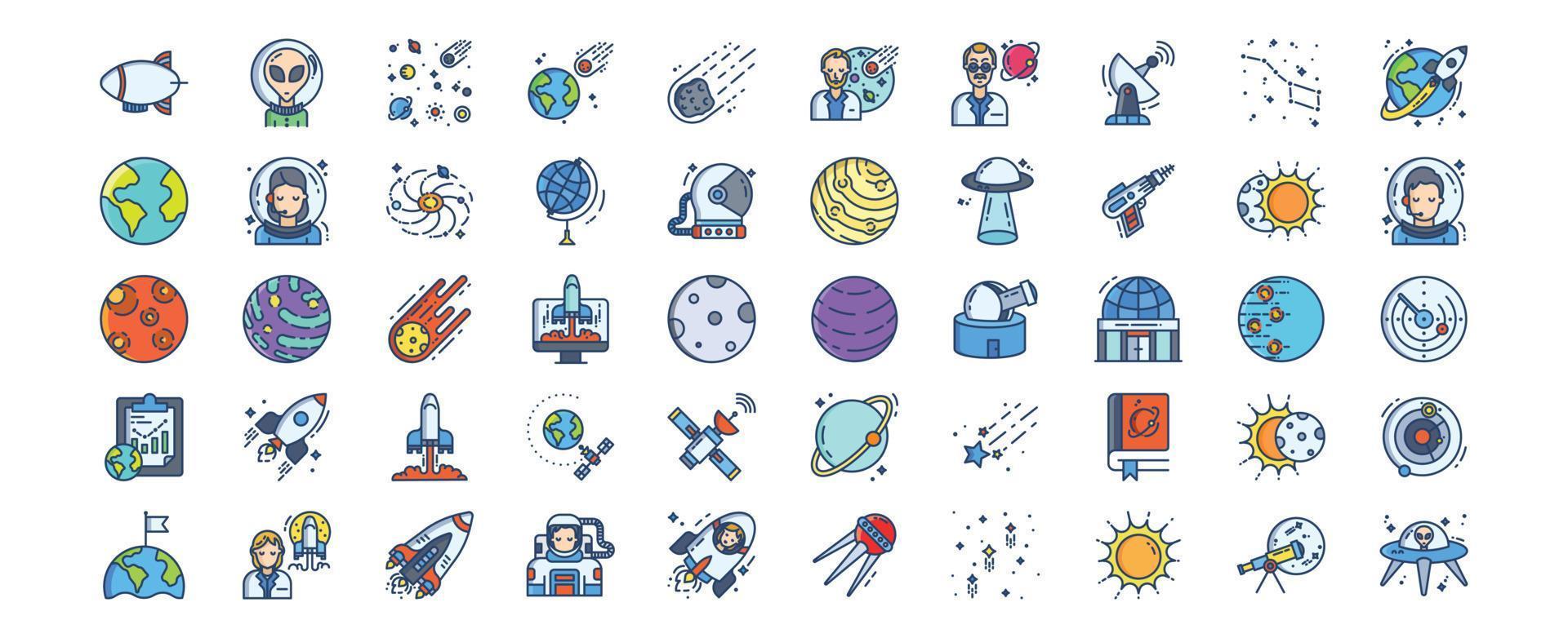 Collection of icons related to Space, including icons like Alien, Asteroid, physicist, Galaxy and more. vector illustrations, Pixel Perfect set