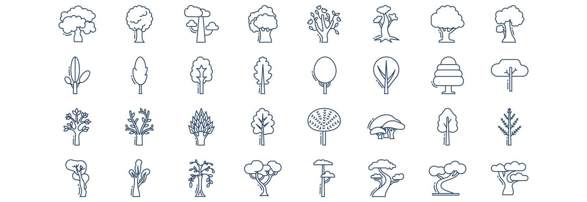 Collection of icons related to Tree, including icons like Apple, Locust, Magnolia, Maple and more. vector illustrations, Pixel Perfect set