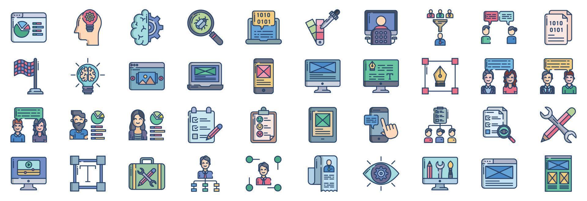 Collection of icons related to UX UI, including icons like Analytics, brainstorming, Coding, Feedback, Innovation and more. vector illustrations, Pixel Perfect set