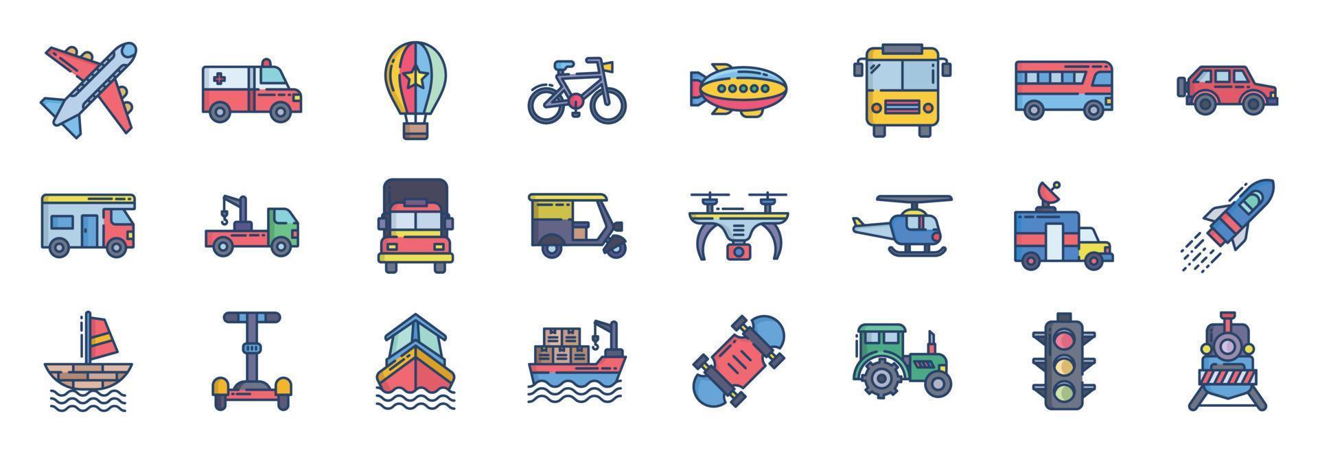 Collection of icons related to Transportation, including icons like Vehicle, Ship, car and more. vector illustrations, Pixel Perfect set