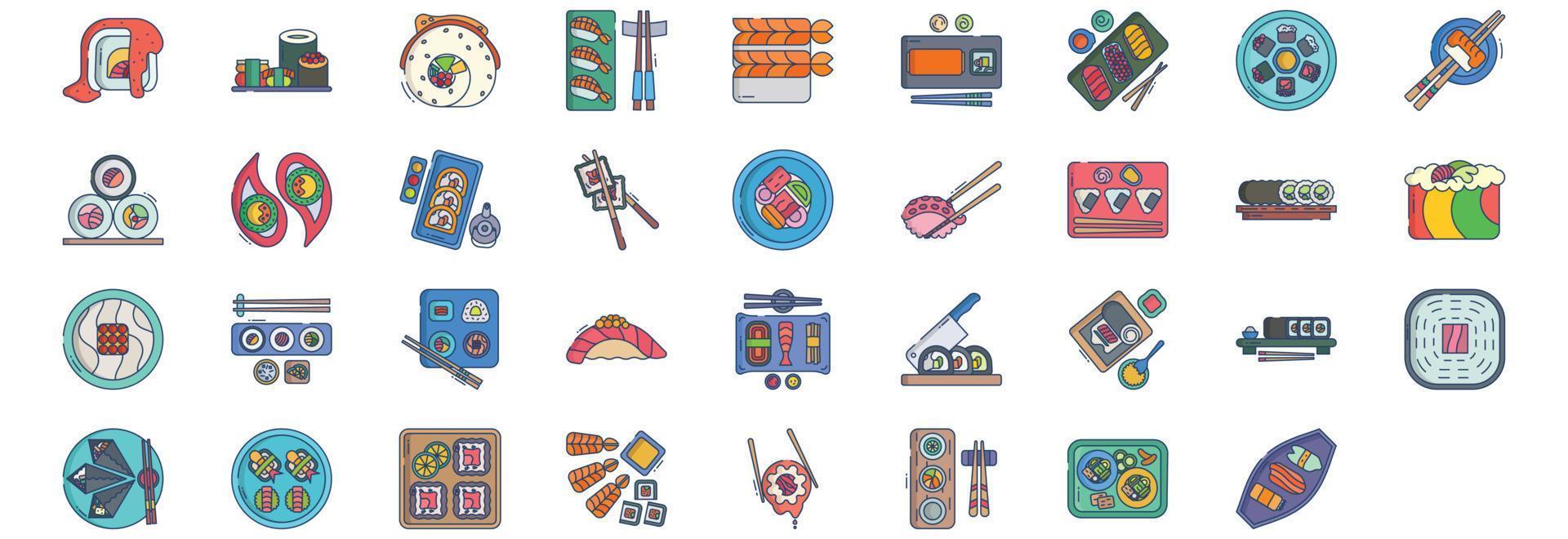 colección de íconos relacionados con la comida japonesa de sushi, incluidos íconos como hamachi, pulpo sushi, maki, philly roll y más. ilustraciones vectoriales, conjunto perfecto de píxeles vector