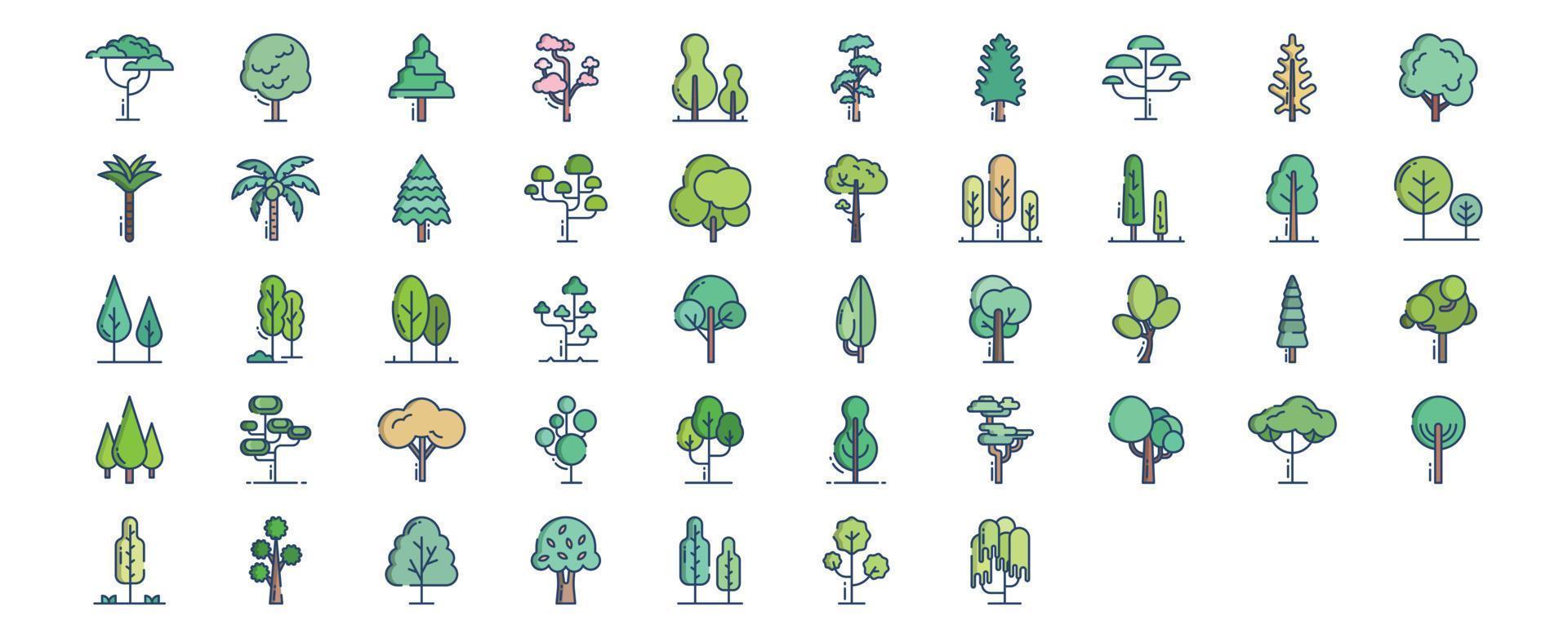 Collection of icons related to Tree, including icons like Acacia, Arborvitae, Cypress, Elm and more. vector illustrations, Pixel Perfect set