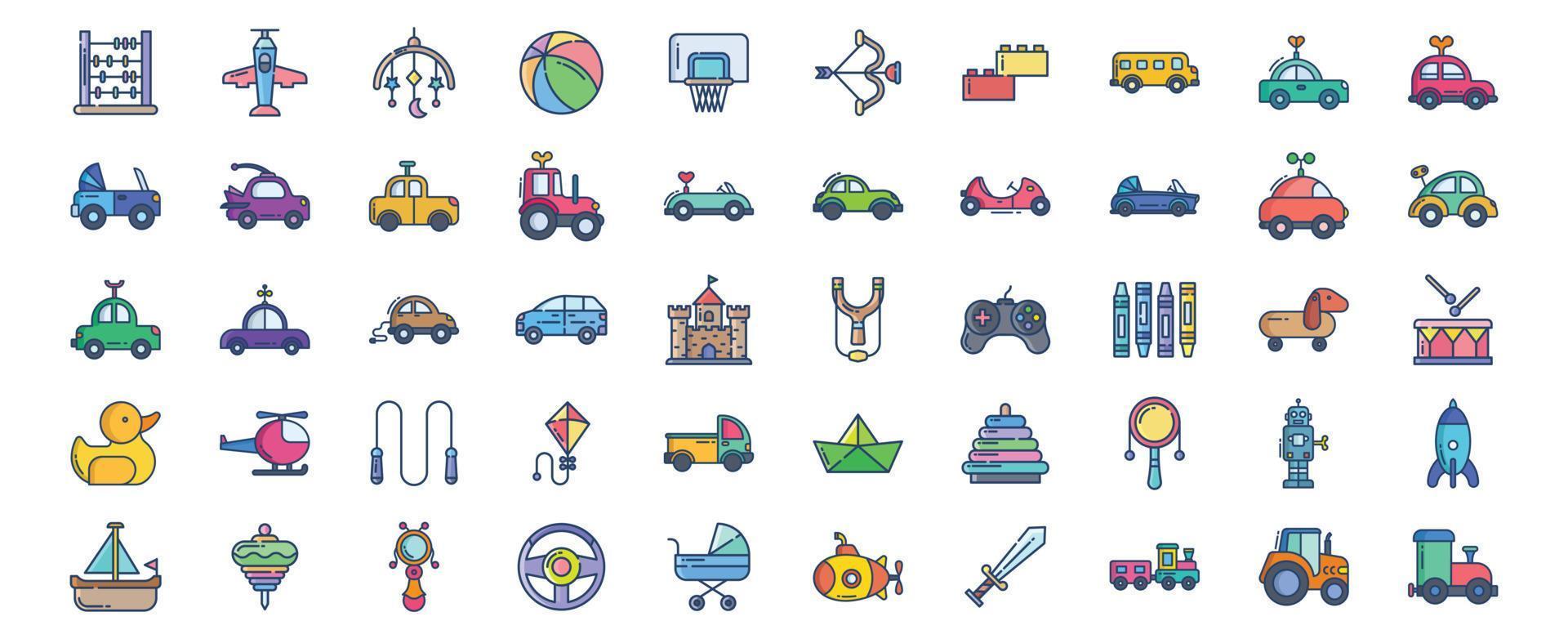 Collection of icons related to Toys, including icons like Abacus, Airplane, Ball, Basketball and more. vector illustrations, Pixel Perfect set