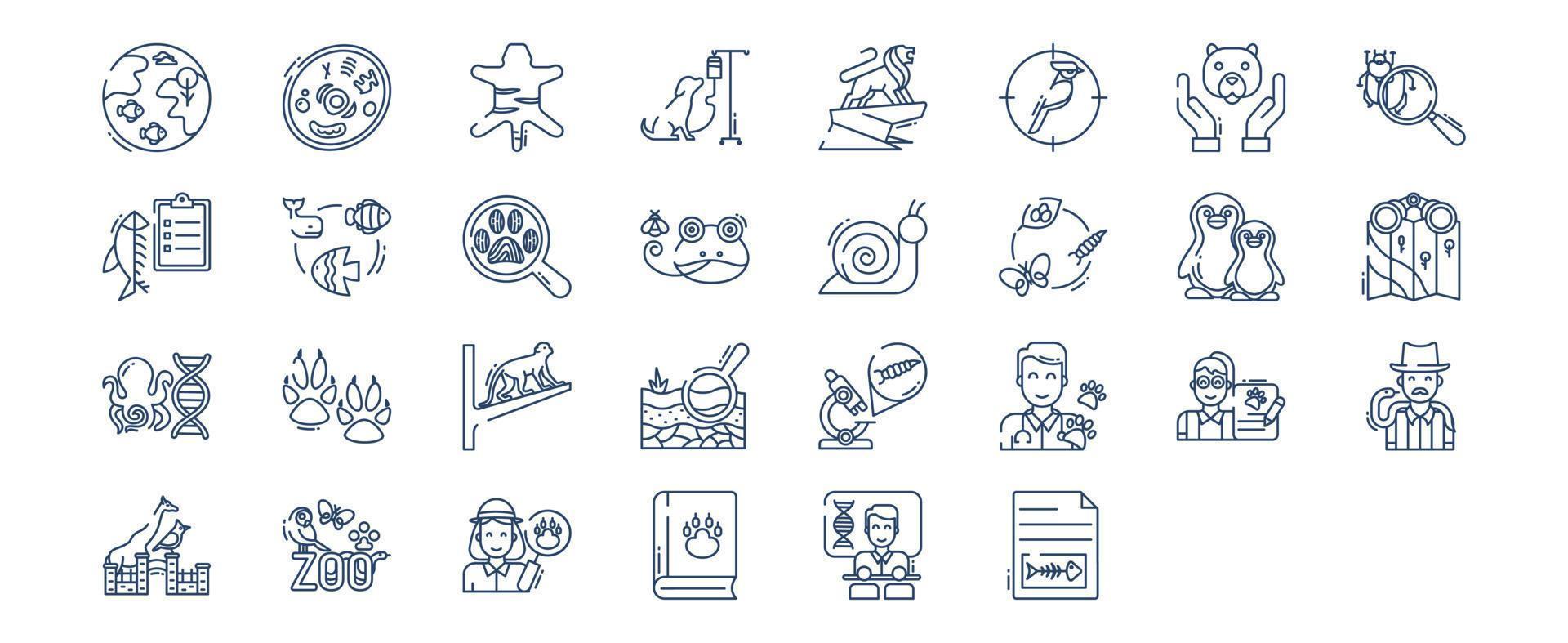 Collection of icons related to Zoology, including icons like Animal cell, Animal, Birds, Ichthyology and more. vector illustrations, Pixel Perfect set