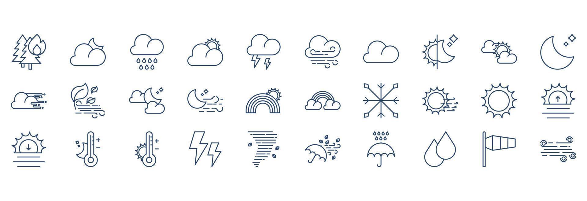 Collection of icons related to weather forecast, including icons like Thunder, Rain, Wind, Temperature and more. vector illustrations, Pixel Perfect set
