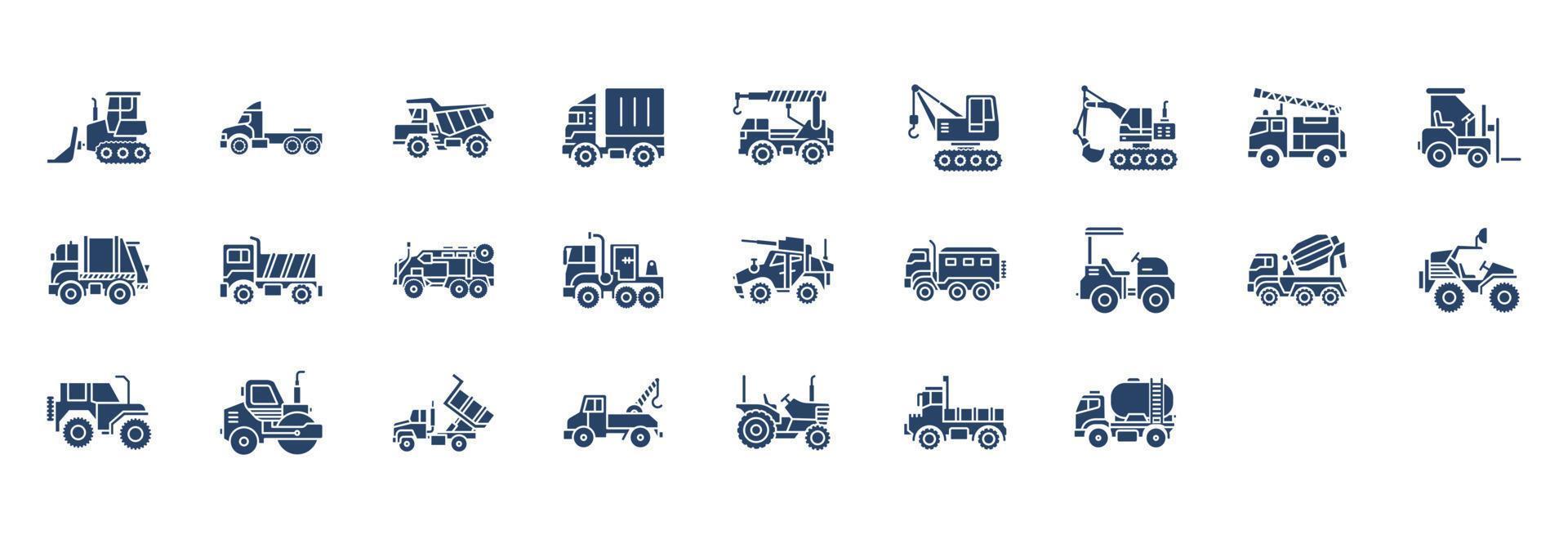 Collection of icons related to Vehicles, including icons like crane, Fire truck, Truck,  and more. vector illustrations, Pixel Perfect set