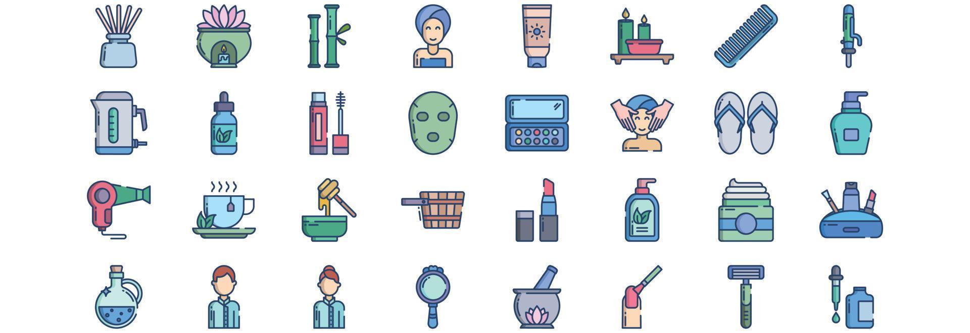 Collection of icons related to Spa and salon, including icons like Aroma, Bamboo, Beauty, Body Lotion and more. vector illustrations, Pixel Perfect set