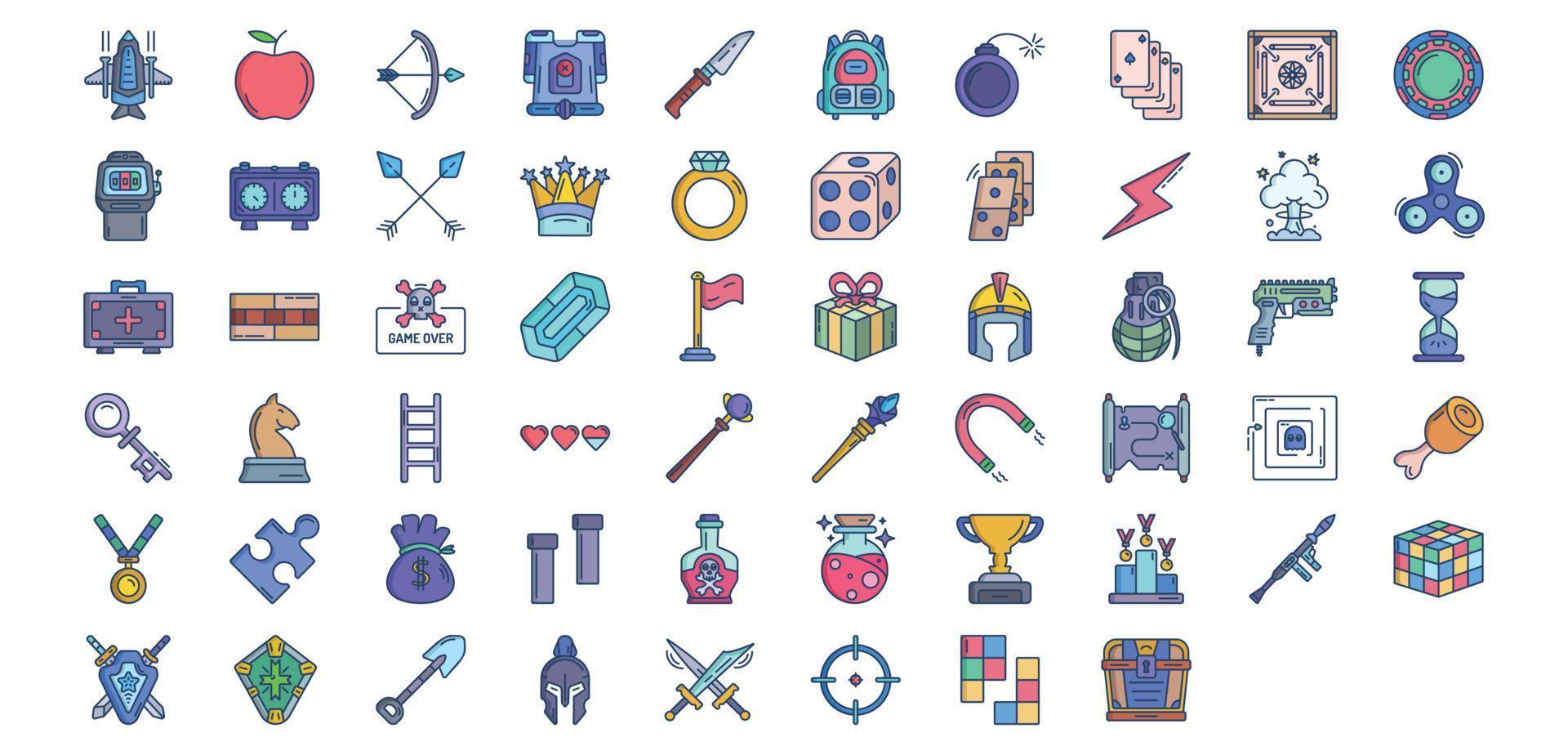 Collection of icons related to Video Game Elements, including icons like Airplane, Armor, Crown, Dice and more. vector illustrations, Pixel Perfect set