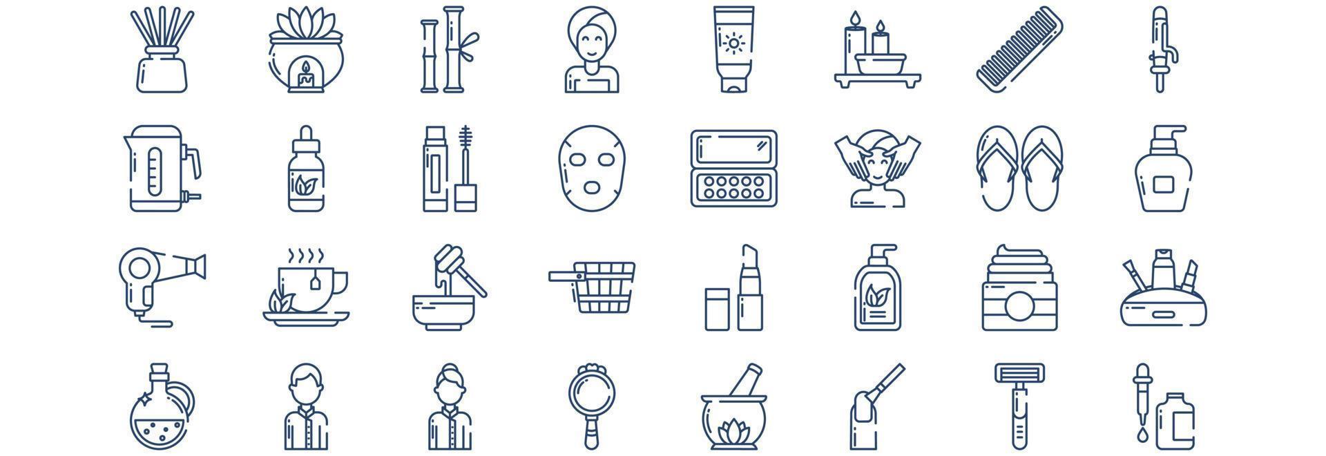 Collection of icons related to Spa and salon, including icons like Aroma, Bamboo, Beauty, Body Lotion and more. vector illustrations, Pixel Perfect set