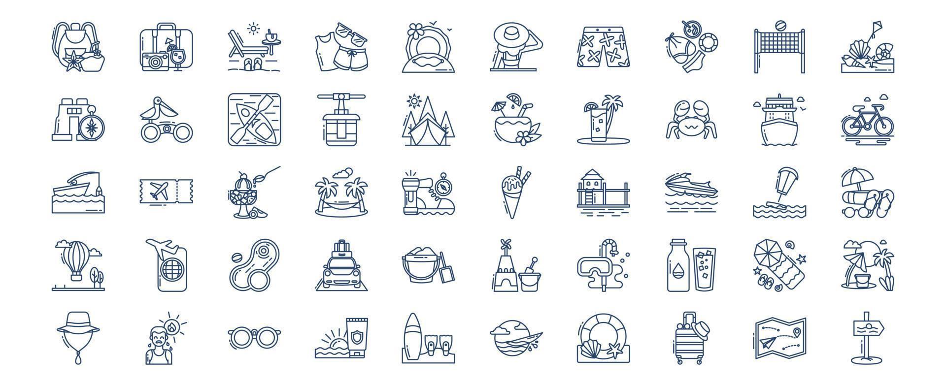 colección de íconos relacionados con vacaciones y viajes, incluidos íconos como mochila, viaje, vacaciones, vacaciones y más. ilustraciones vectoriales, conjunto perfecto de píxeles vector