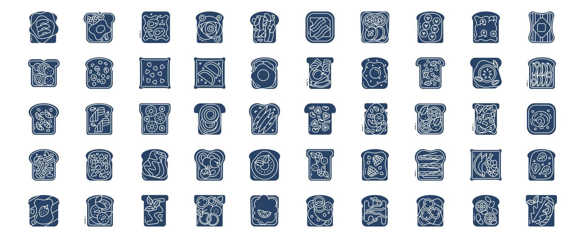 Collection of icons related to Toast topping, including icons like Bacon, Avocado, Butter, Mushroom,  and more. vector illustrations, Pixel Perfect set