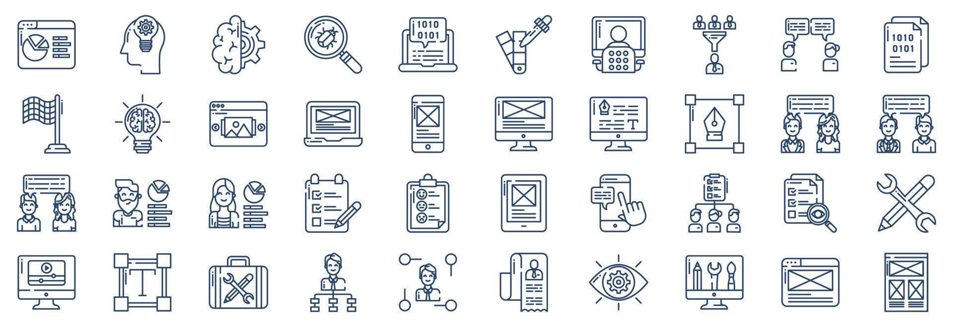 Collection of icons related to UX UI, including icons like Analytics, brainstorming, Coding, Feedback, Innovation and more. vector illustrations, Pixel Perfect set