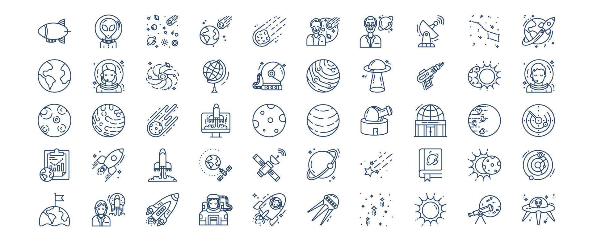 Collection of icons related to Space, including icons like Alien, Asteroid, physicist, Galaxy and more. vector illustrations, Pixel Perfect set