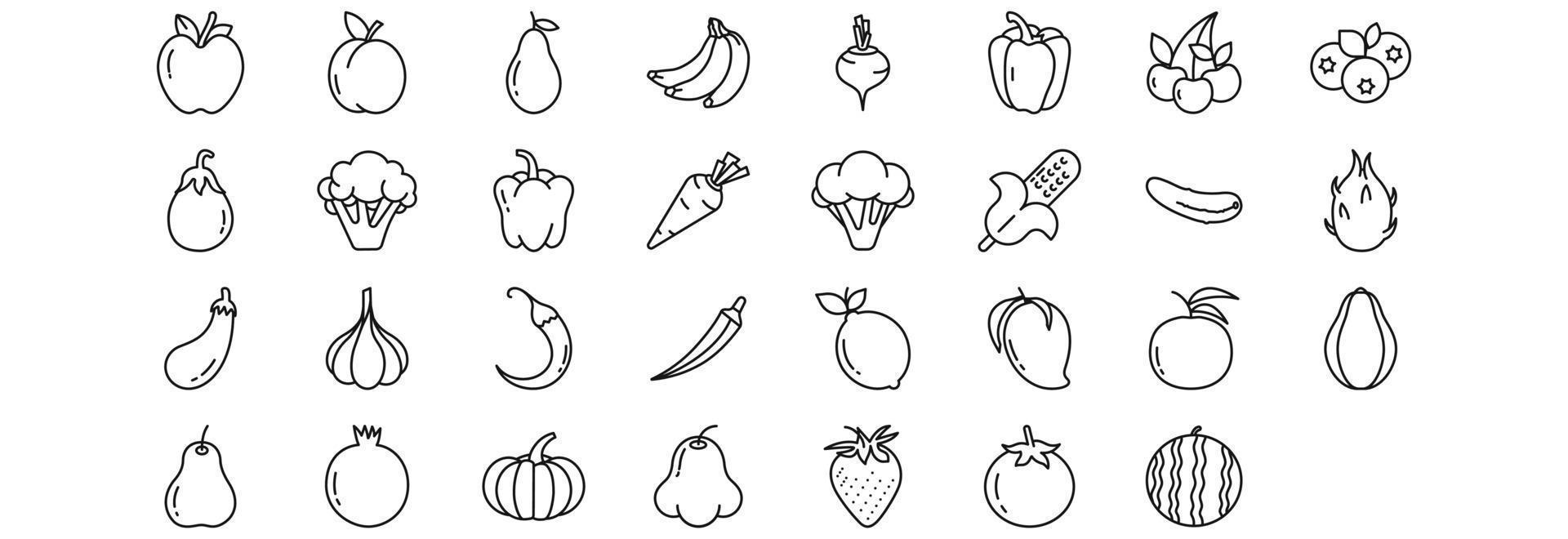 Collection of icons related to Vegan, including icons like Apple, Apricot, Avocado, Bananas and more. vector illustrations, Pixel Perfect set