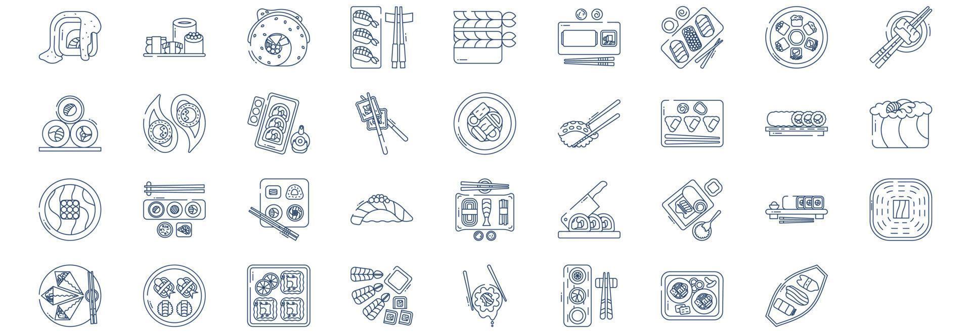 Collection of icons related to Sushi Japanese food, including icons like hamachi, octopus sushi,  Maki, Philly Roll, and more. vector illustrations, Pixel Perfect set