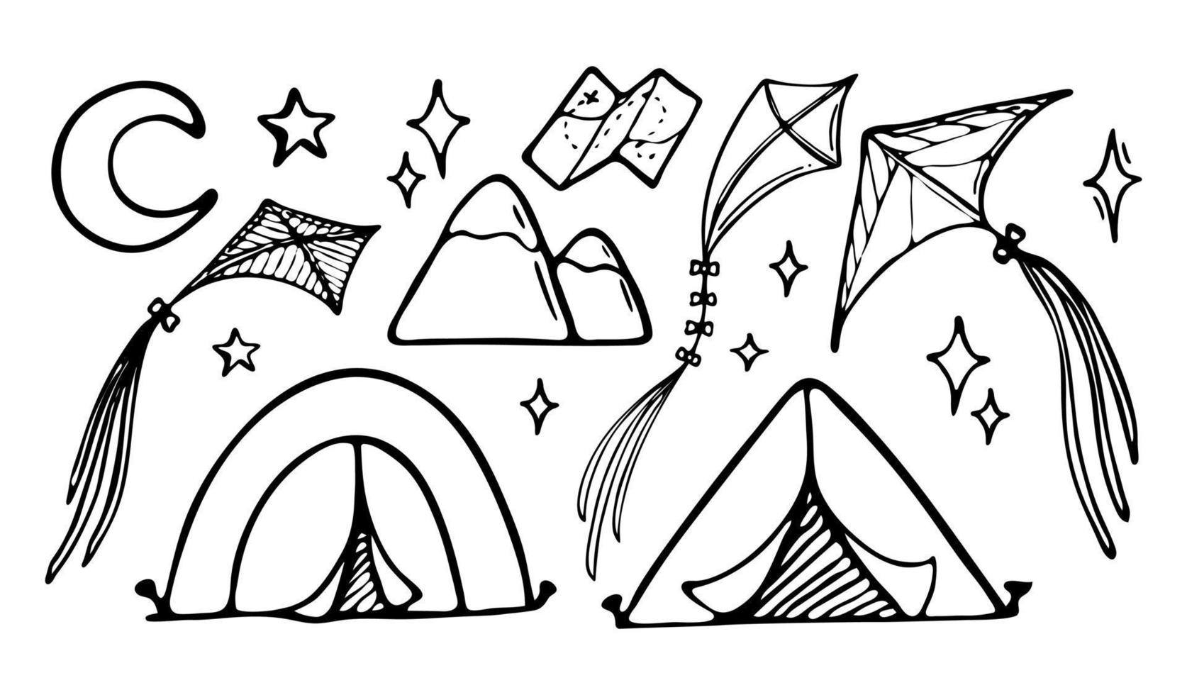 conjunto de ilustraciones vectoriales de turismo y equipo de camping en estilo doodle. vector