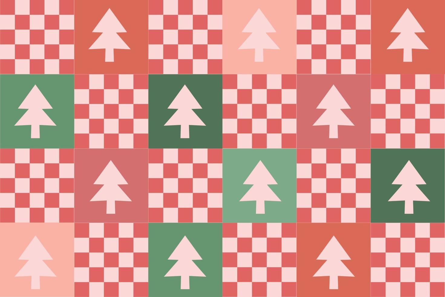 Cute y2k patchwork retro Christmas seamless pattern background. Pastel colored checkerboard and xmas tree pine backdrop. Modern, trendy, bright vector design, winter cozy festive print for textile
