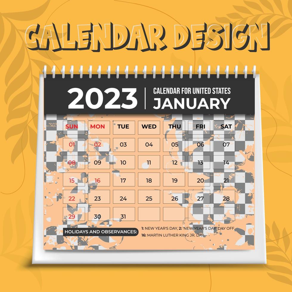 calendario 2023. plantilla de planificador. diseño de horario de escritorio. la semana comienza el domingo. organizador de calendario anual. tabla de cuadrícula de diario mensual con mes. ilustración vectorial diseño horizontal vector