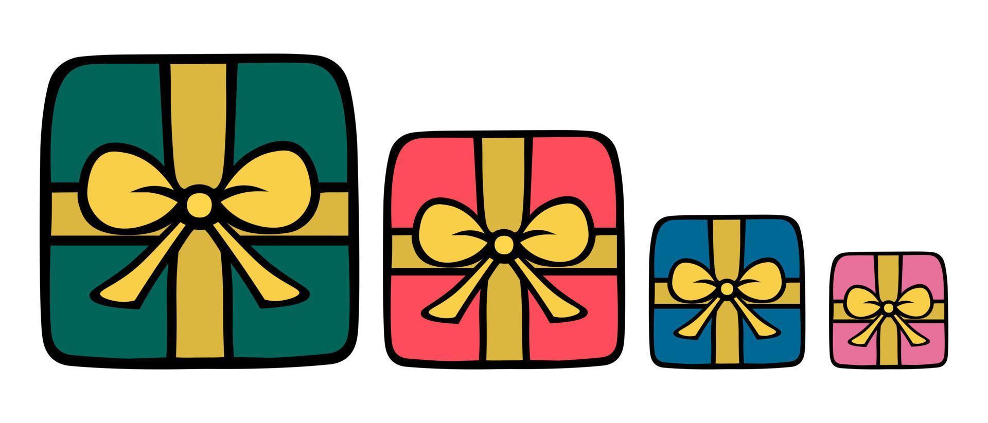 Boxes with gifts in cartoon style. Set of colorful surprises. Holiday present. vector