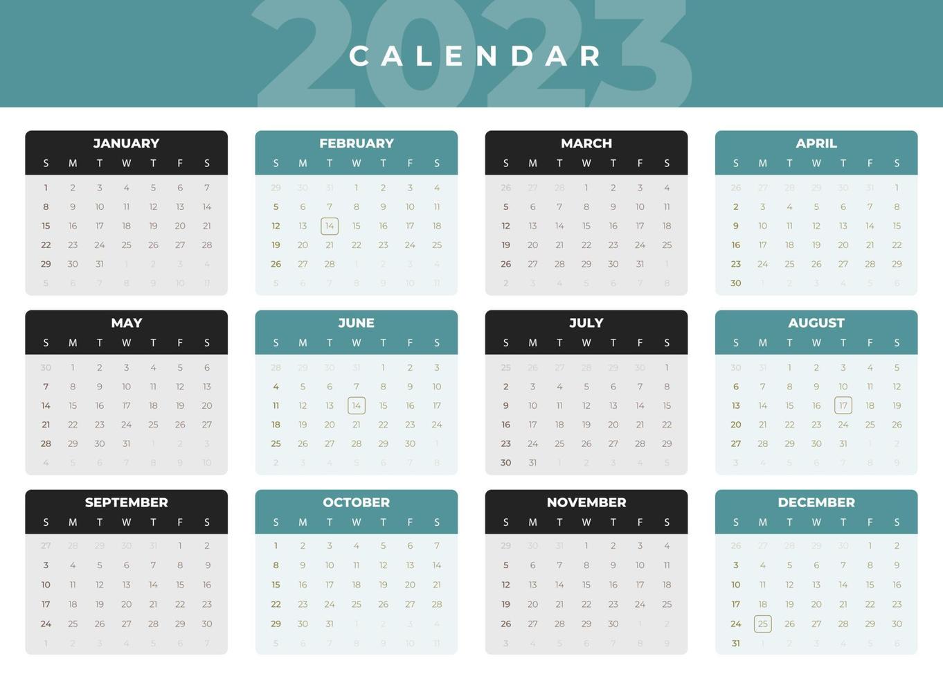 Modern calendar week start Sunday corporate design planner template. vector