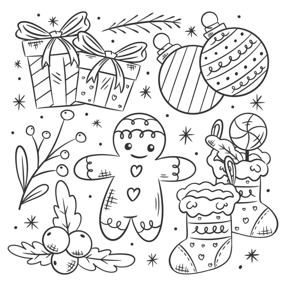 conjunto de adornos navideños dibujados a mano para colorear vector