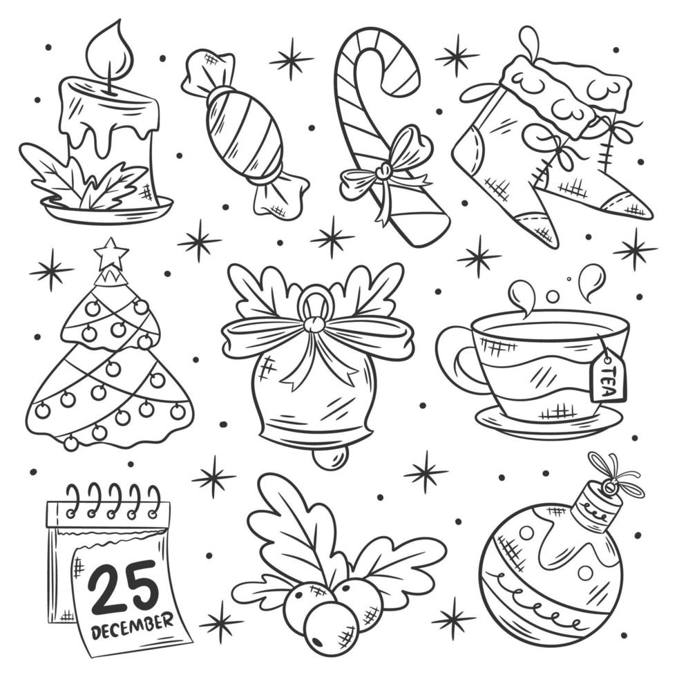 Hand drawn festive christmas elements set of coloring vector