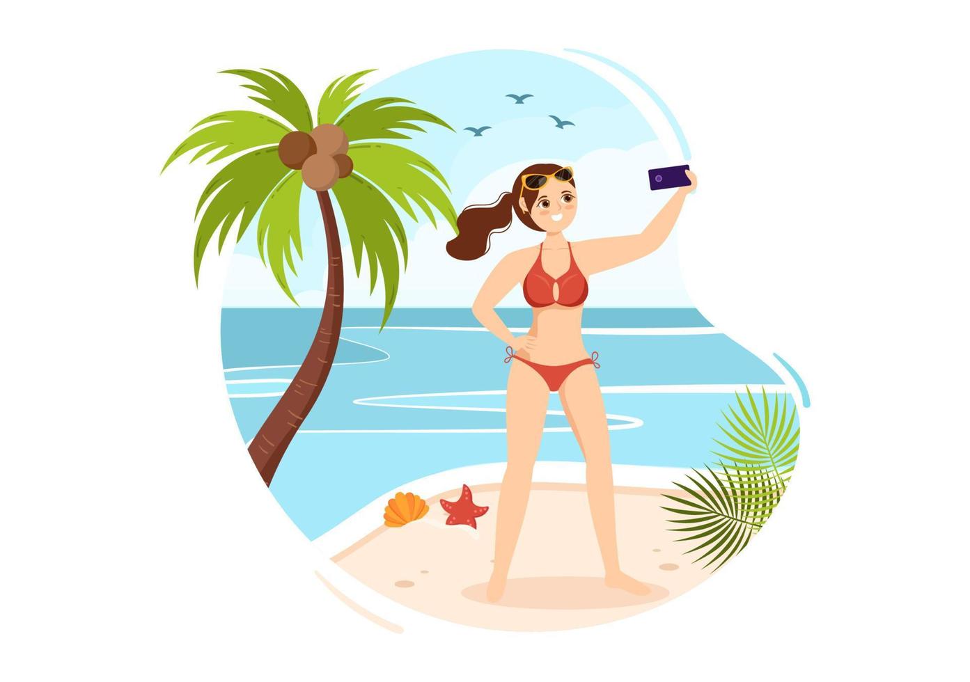 traje de baño con diferentes diseños de bikinis y trajes de baño para mujeres en la playa de verano en dibujos animados de estilo plano ilustración de plantillas dibujadas a mano vector
