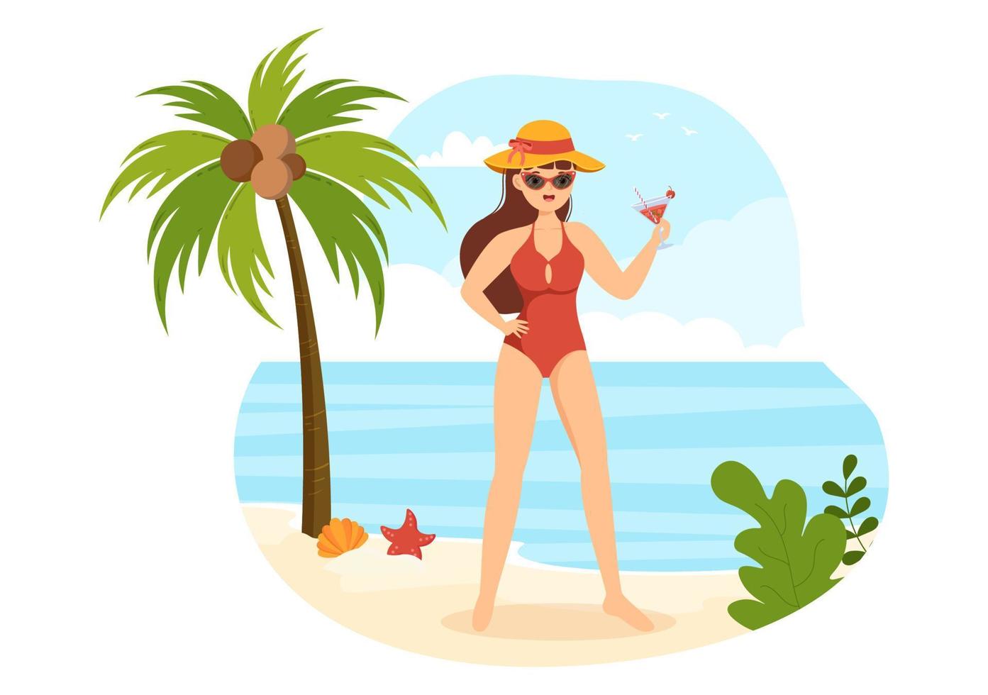 traje de baño con diferentes diseños de bikinis y trajes de baño para  mujeres en la playa de verano en dibujos animados de estilo plano  ilustración de plantillas dibujadas a mano 14057790