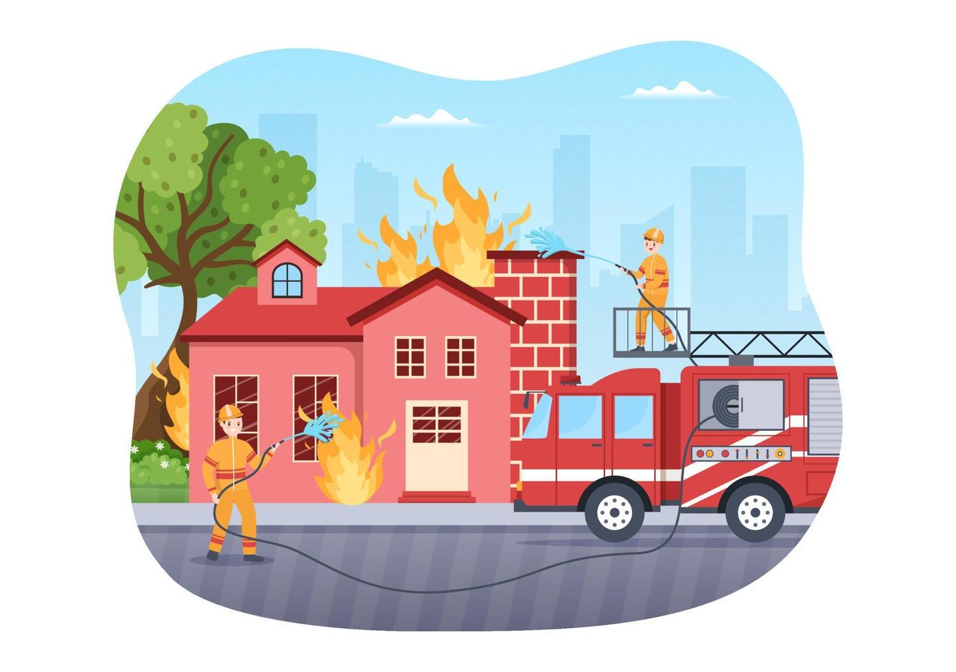 departamento de bomberos con bomberos extinguiendo la casa, el bosque y ayudando a las personas en diversas situaciones en una ilustración de caricatura dibujada a mano plana vector