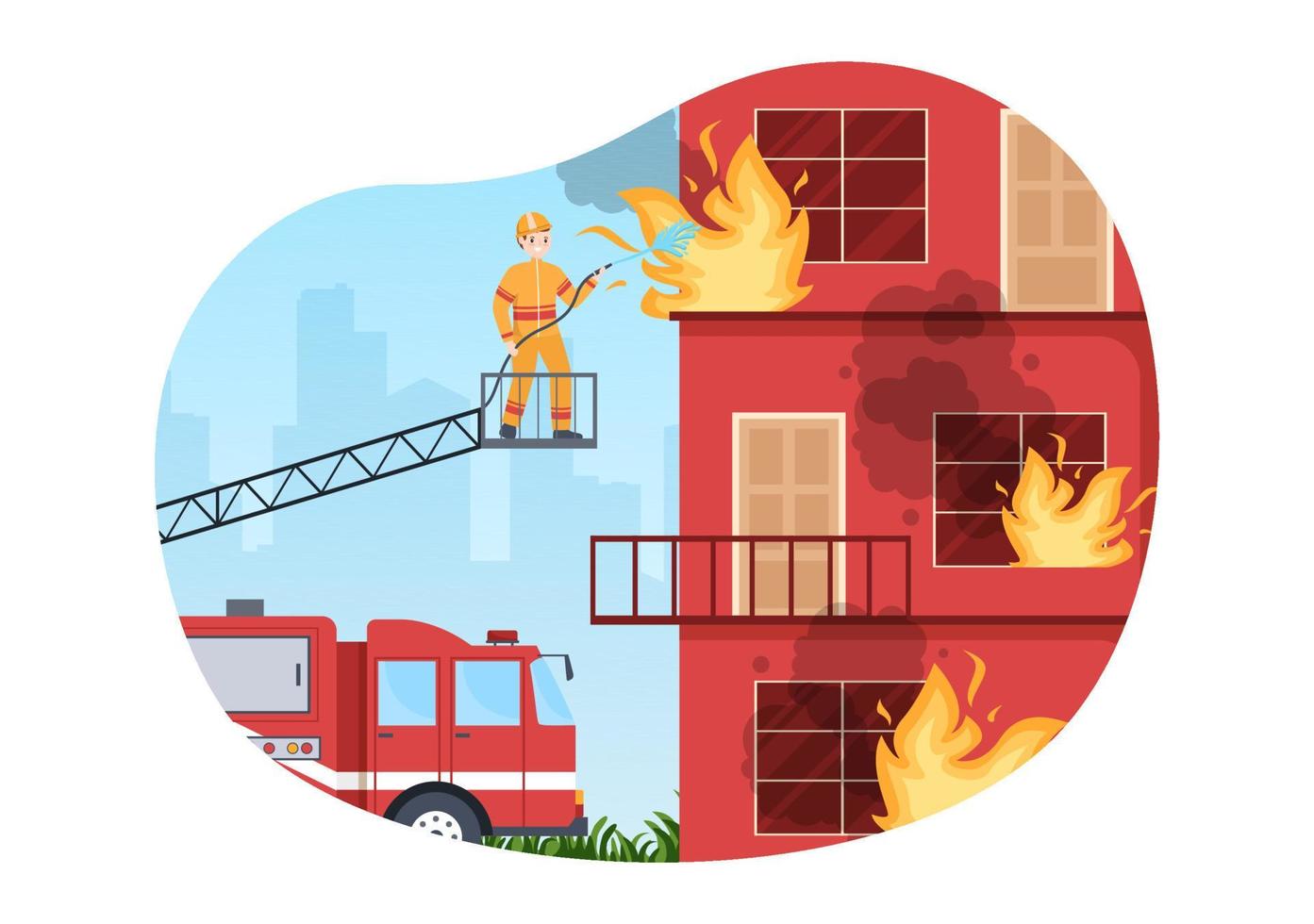 departamento de bomberos con bomberos extinguiendo la casa, el bosque y ayudando a las personas en diversas situaciones en una ilustración de caricatura dibujada a mano plana vector