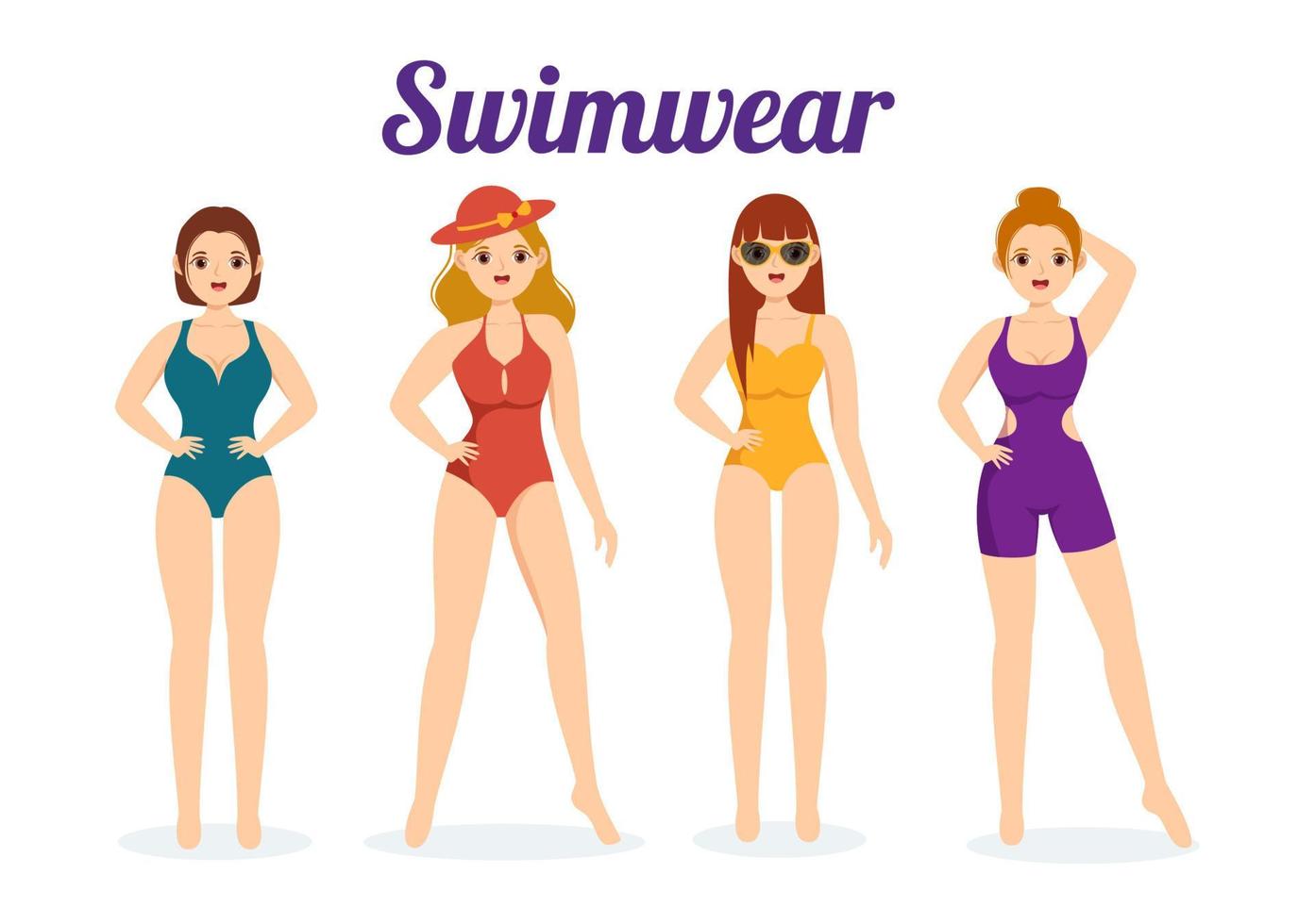 traje de baño con diferentes diseños de bikinis y trajes de baño para mujeres en la playa de verano en dibujos animados de estilo plano ilustración de plantillas dibujadas a mano vector