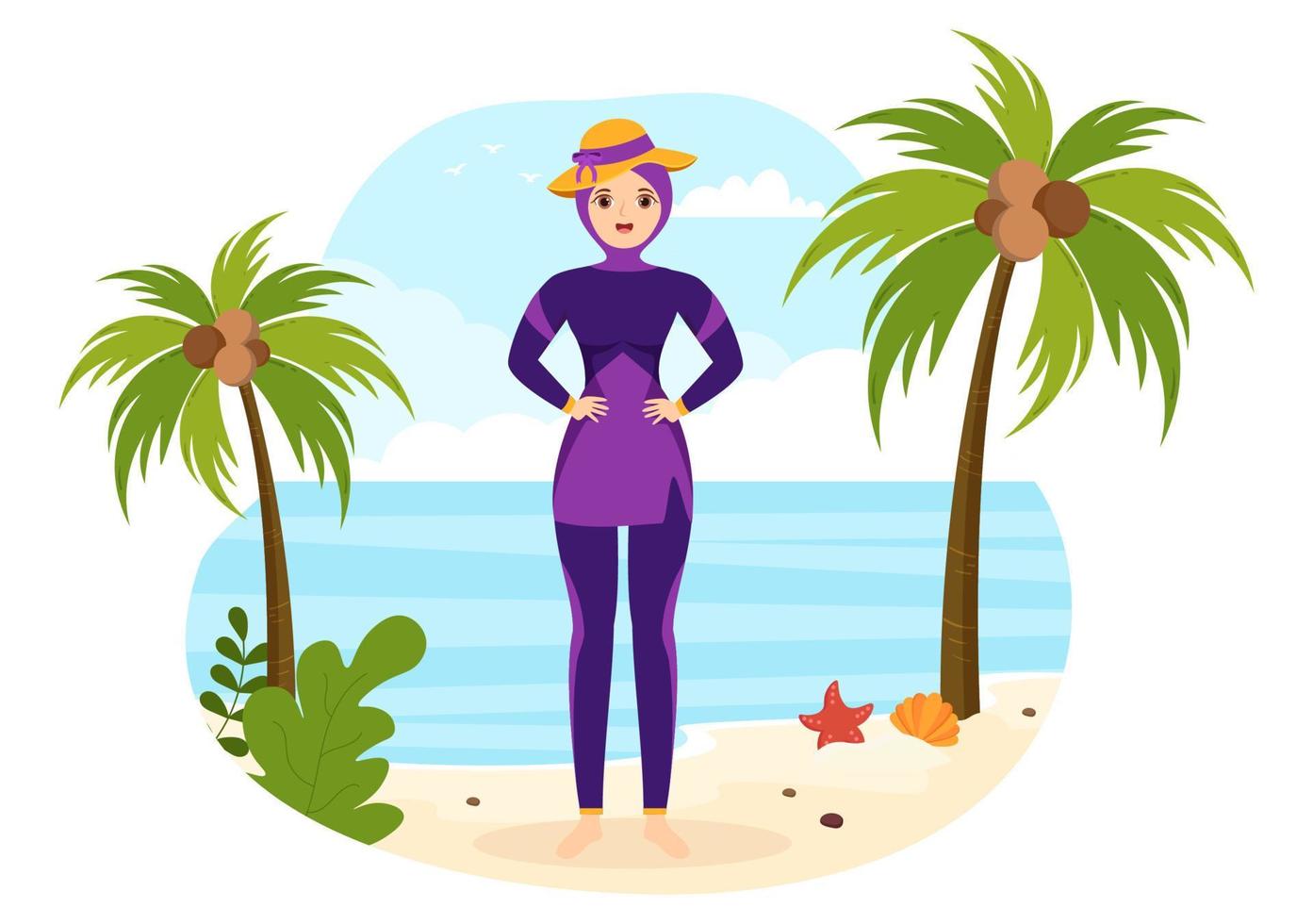 traje de baño con diferentes diseños de bikinis y trajes de baño para mujeres en la playa de verano en dibujos animados de estilo plano ilustración de plantillas dibujadas a mano vector