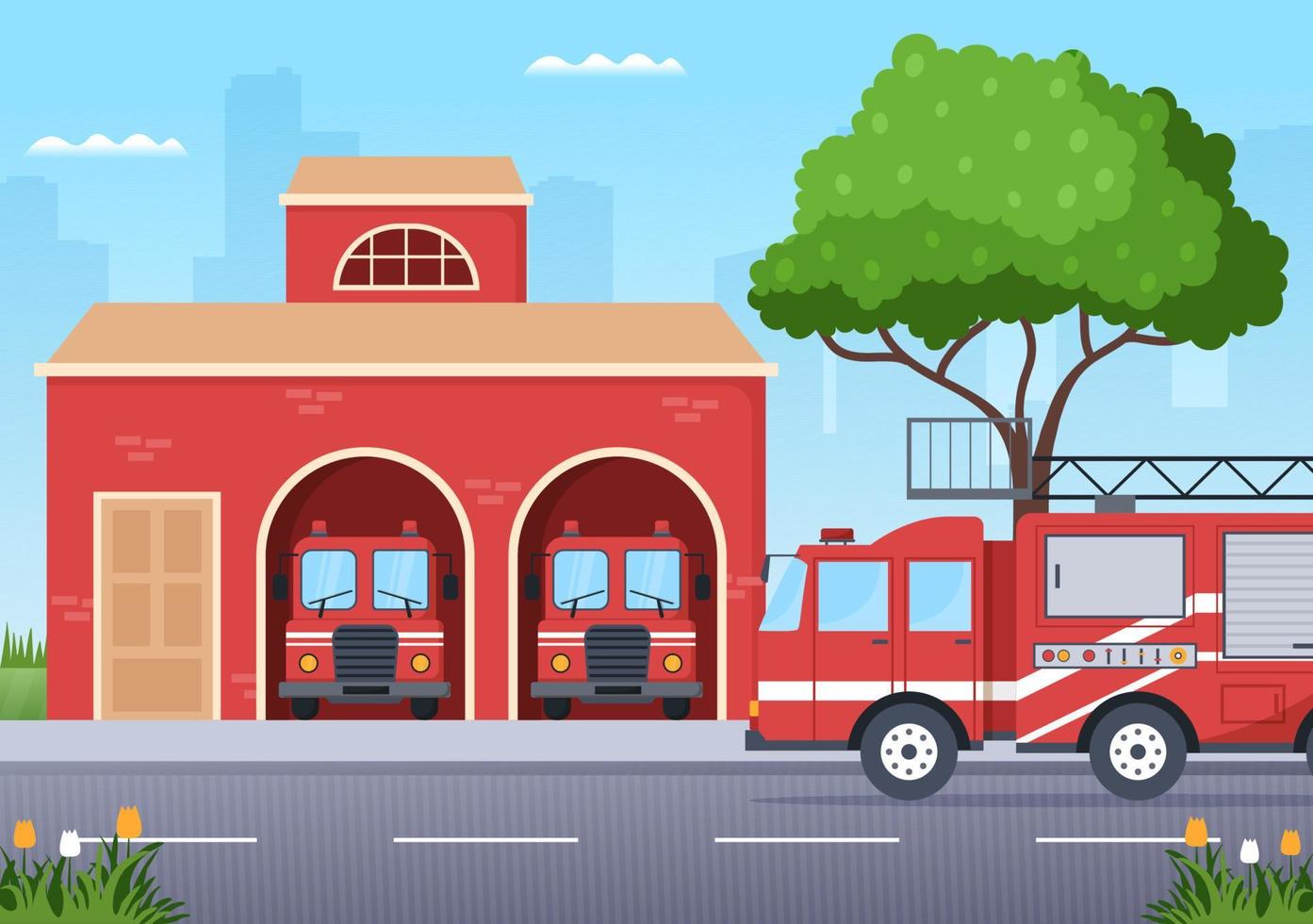 departamento de bomberos con bomberos extinguiendo la casa, el bosque y ayudando a las personas en diversas situaciones en una ilustración de caricatura dibujada a mano plana vector