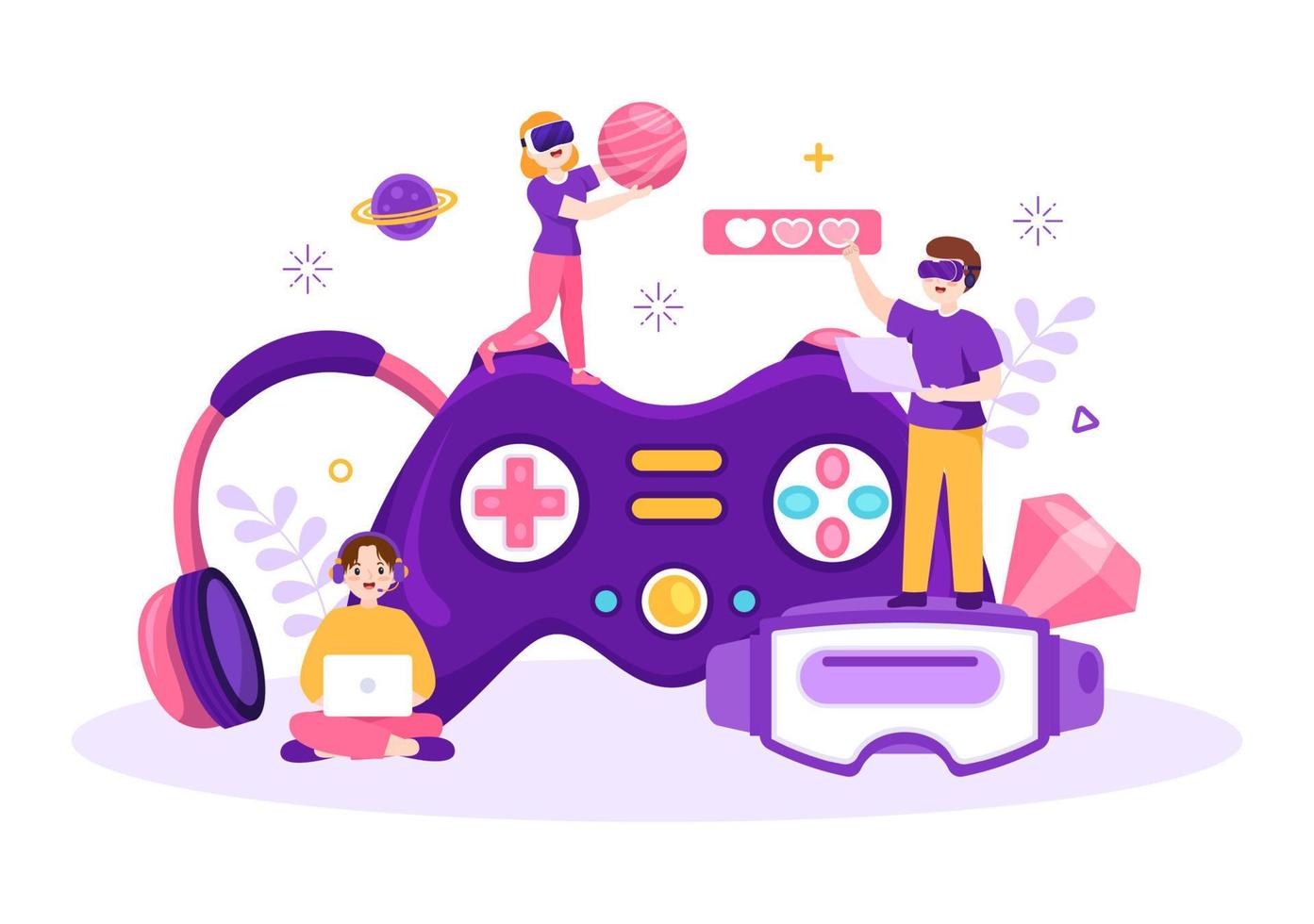 Video Game with Kids Playing Gamepad Controllers Fighting Console on Android Mobile Computer in Flat Cartoon Hand Drawn Template Illustration vector