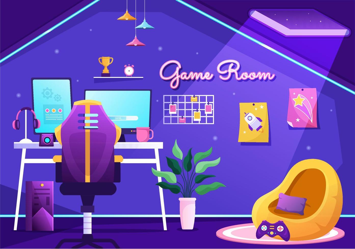 interior de la sala de videojuegos con computadora móvil android y sillones cómodos para jugadores en ilustración de plantilla dibujada a mano de caricatura plana vector