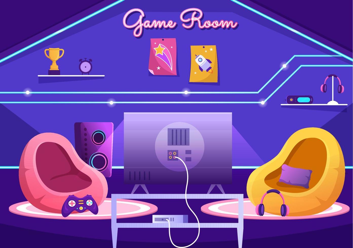 interior de la sala de videojuegos con computadora móvil android y sillones cómodos para jugadores en ilustración de plantilla dibujada a mano de caricatura plana vector