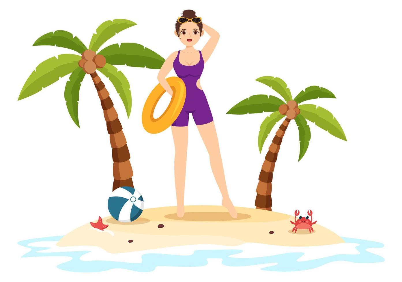 traje de baño con diferentes diseños de bikinis y trajes de baño para mujeres en la playa de verano en dibujos animados de estilo plano ilustración de plantillas dibujadas a mano vector