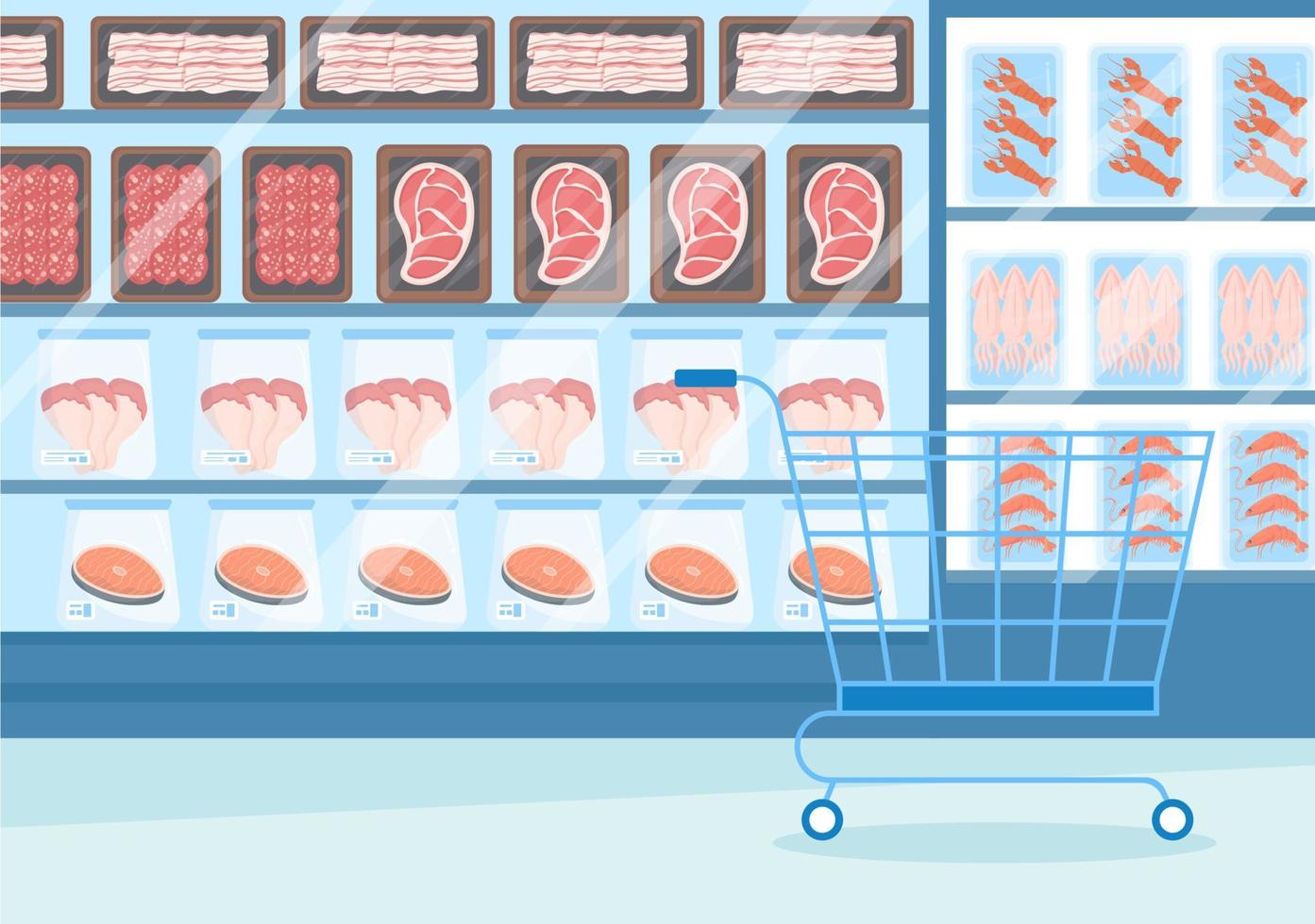 Frozen Food Store with Products Vacuumed using Foil and Pouch Packaging to be Fresh in Hand Drawn Cartoon Template Illustration vector
