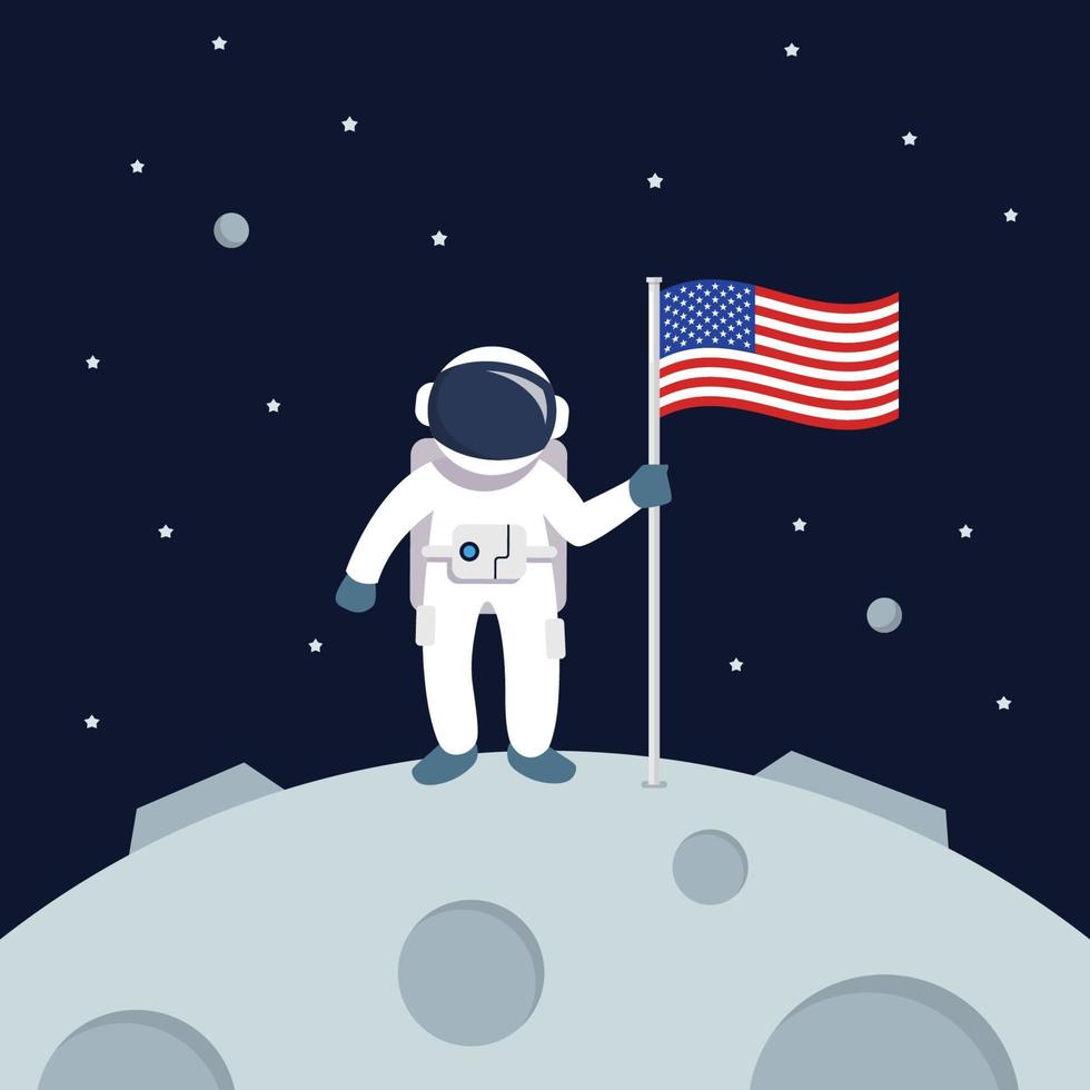 astronauta aterrizando en la luna sosteniendo la bandera americana vector