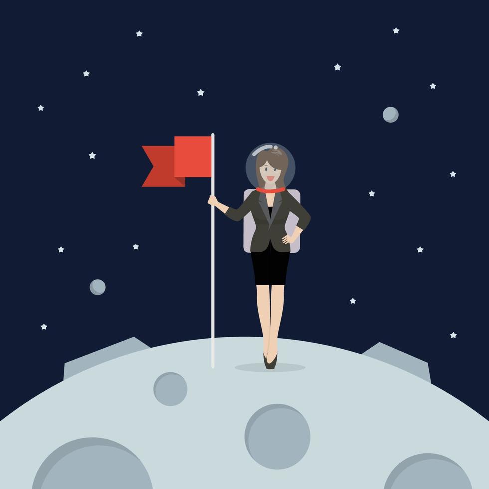 mujer de negocios astronauta aterrizando en la luna con bandera vector