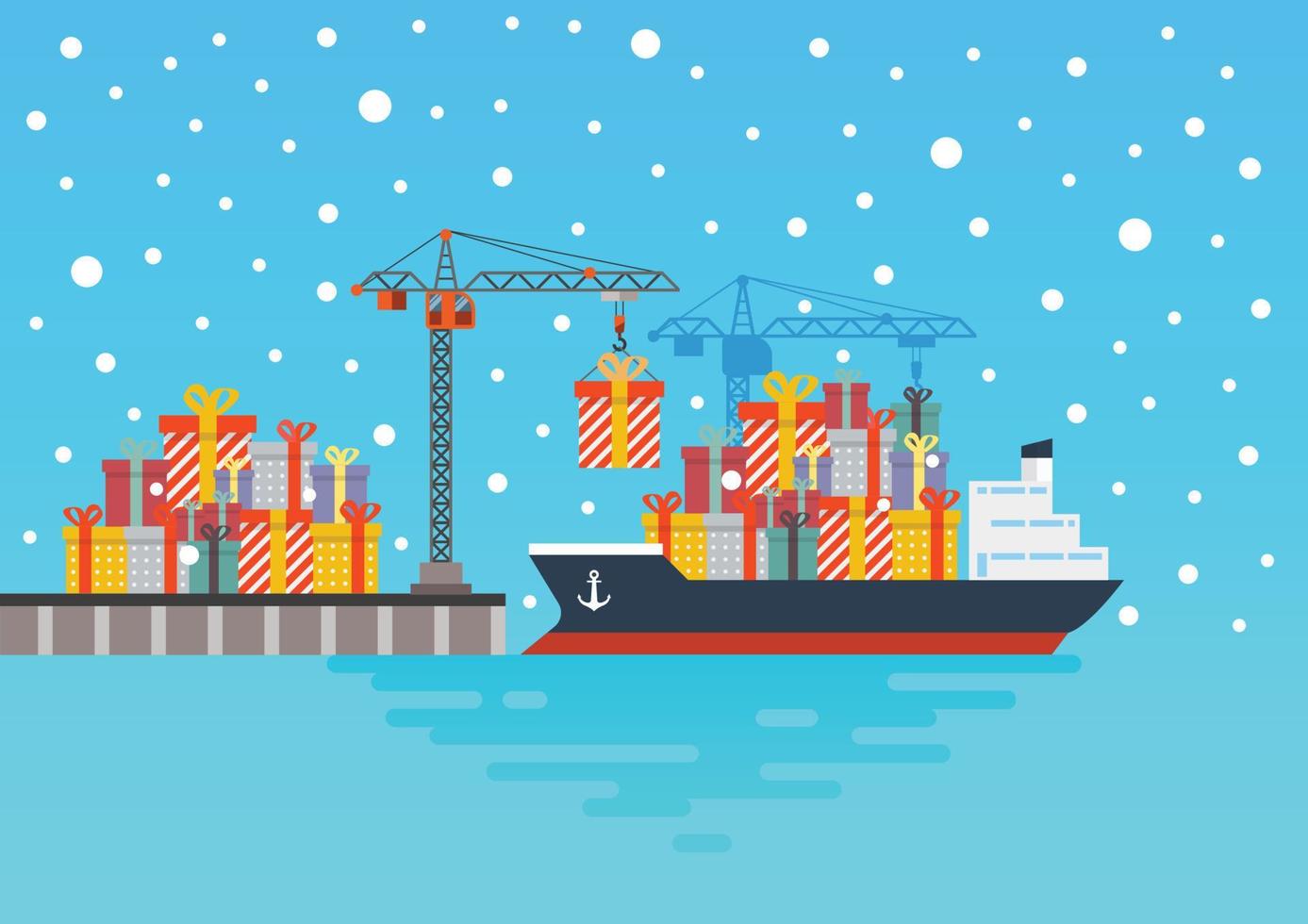 Container cargo ship with gift present boxes at harbour port vector