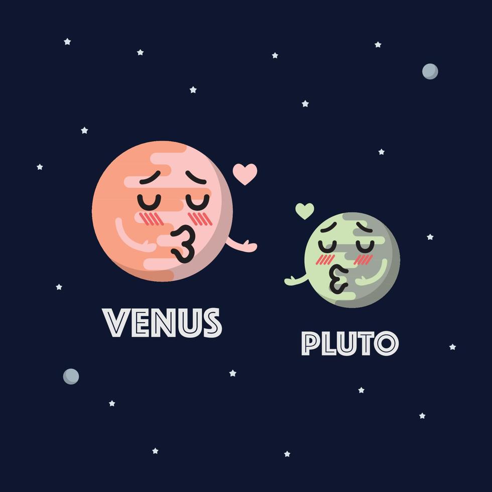 Venus in love with pluto character emoticon on space background vector