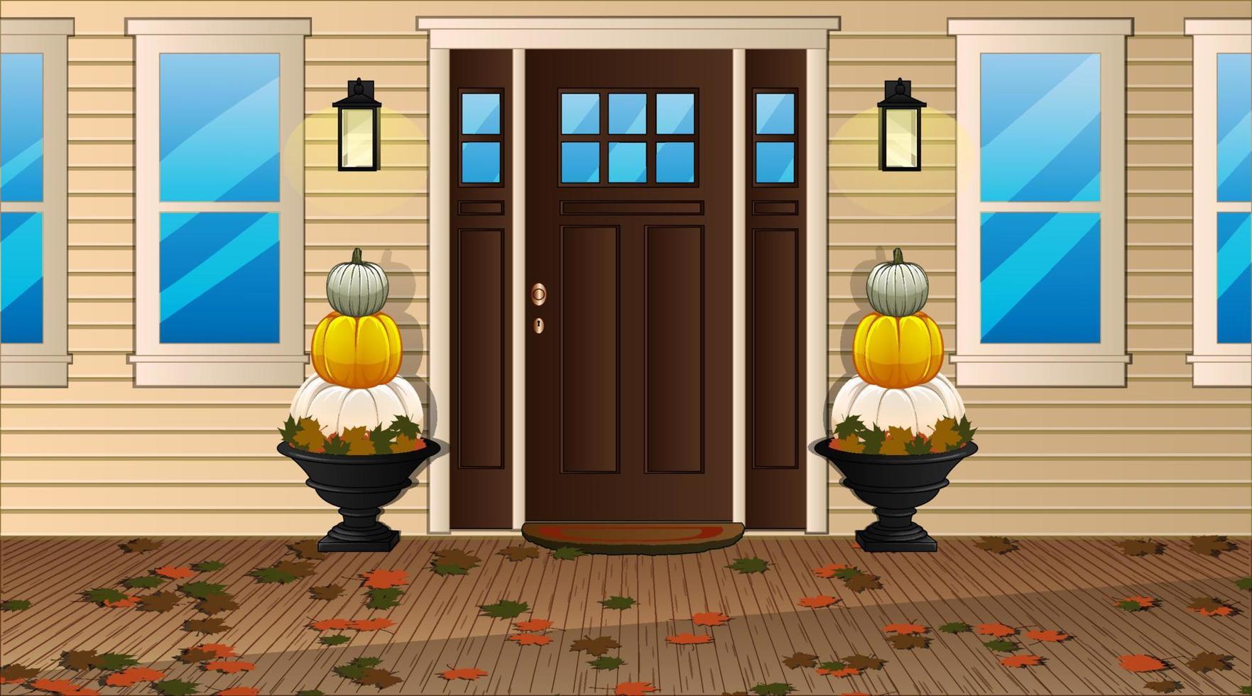 Thanksgiving Background Scene with Front Door Decorated with Pumpkins and Autumn Leaves. Vector Illustration