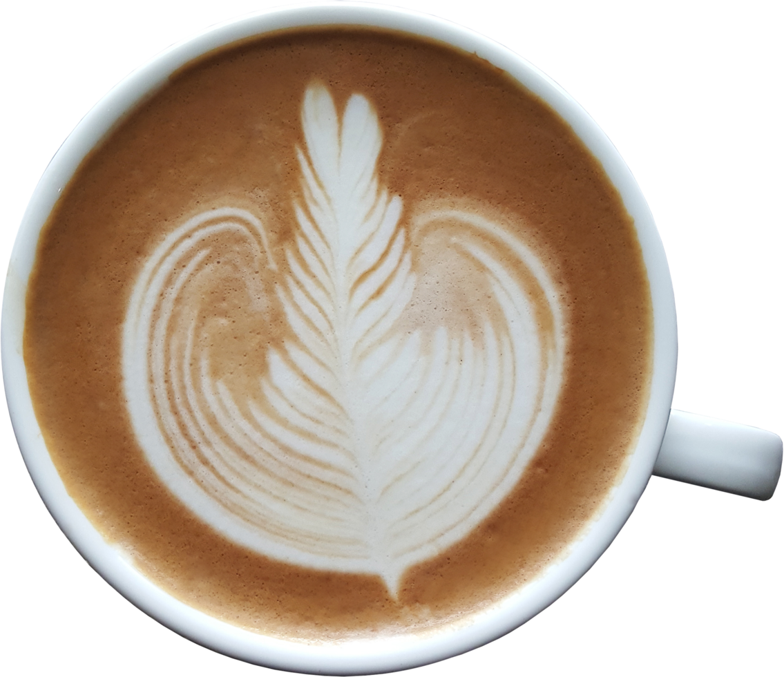 Top view of a mug of latte art coffee. png