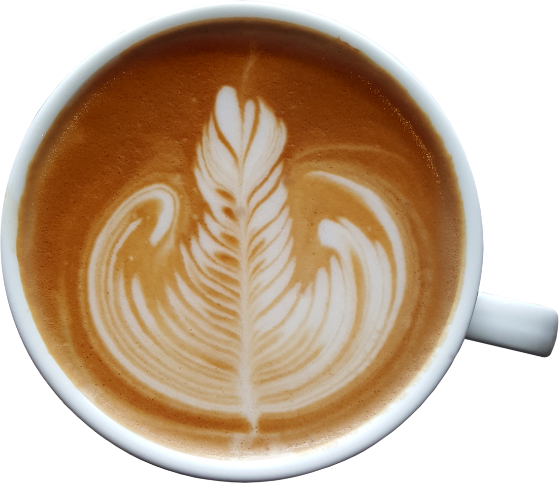 Top view of a mug of latte art coffee. png