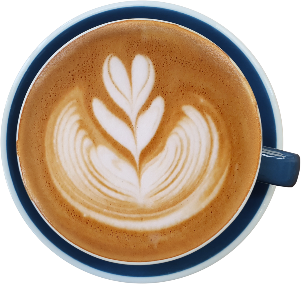 Top view of a mug of latte art coffee. 14058458 PNG