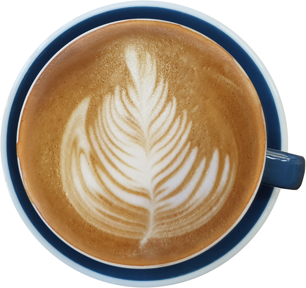 Top view of a mug of latte art coffee. png