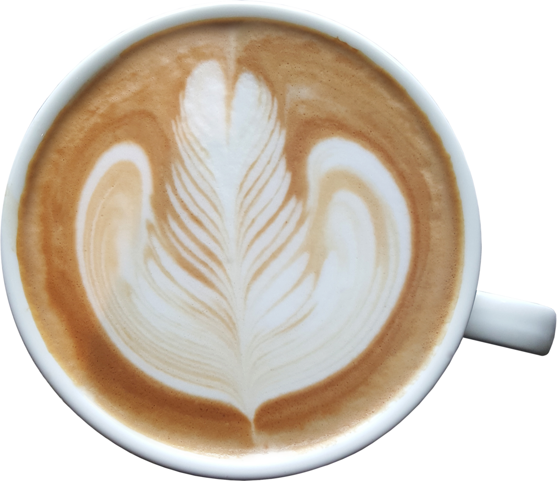 Top view of a mug of latte art coffee. png